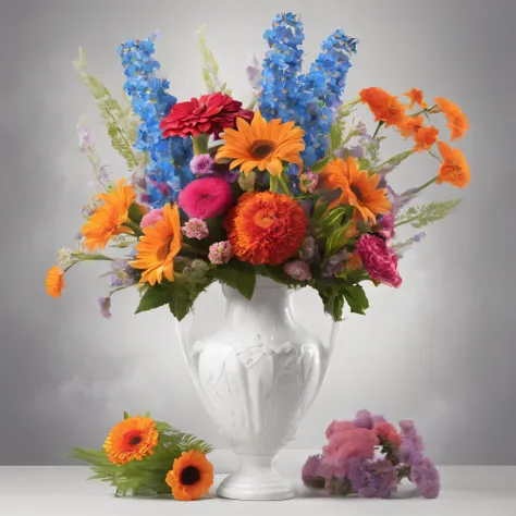 A stunning tall white vase stands proudly, adorned with a vibrant bouquet of Red Roses, Yellow Daisies, White Lilies, Pink Carnations, Blue Forget-Me-Nots, Orange Gerbera Daisies, Purple Hyacinths, Green Ferns, Black Tulips, and Silver Statices. The delica...