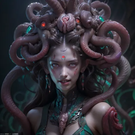 (portrait of a beautiful yet frightening medusa:1.4), ((there is a female genital-like organ in the middle of the forehead.:1.8)...