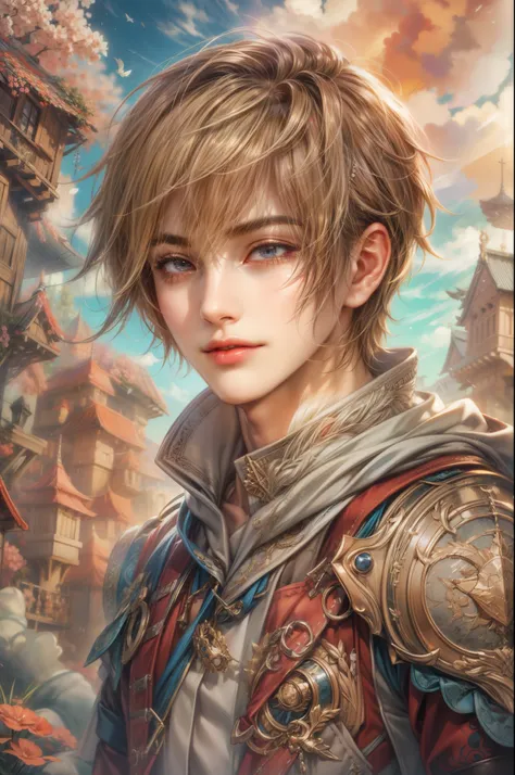 (absurdres, highres, ultra detailed, HDR), masterpiece, Intricate details,best quality picture of a character from Final Fantasy Brave, manly face handsome teen boy with short Hair anime eyes, intricate details on face, brave look, in a detailed outside pa...