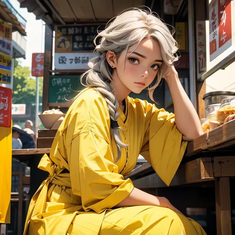 (highres,realistic)A lady,beautiful, yellow traditional clothes, grey hair, wavy hairstyle, sad, sitting inside a food stall,