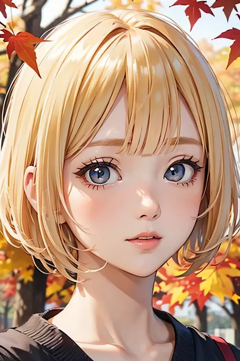 close up of face、blonde、short hair、girl１、autumn、autumn leaves