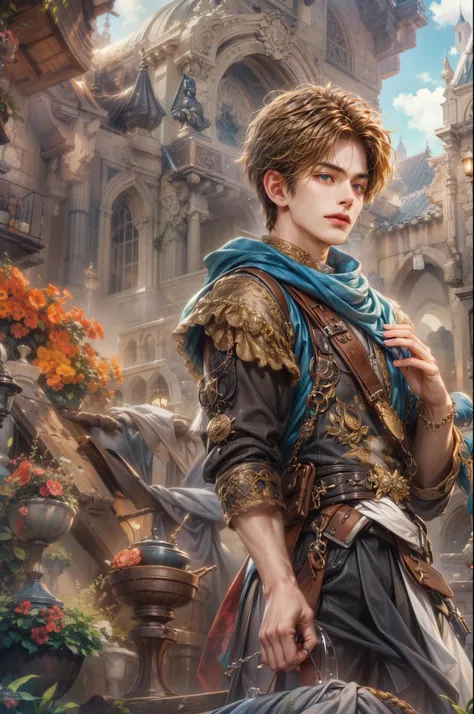 (absurdres, highres, ultra detailed, HDR), masterpiece, Intricate details,best quality picture of a character from Final Fantasy Brave, manly face handsome teen boy with short Hair anime eyes, intricate details on face, brave look, in a detailed outside pa...