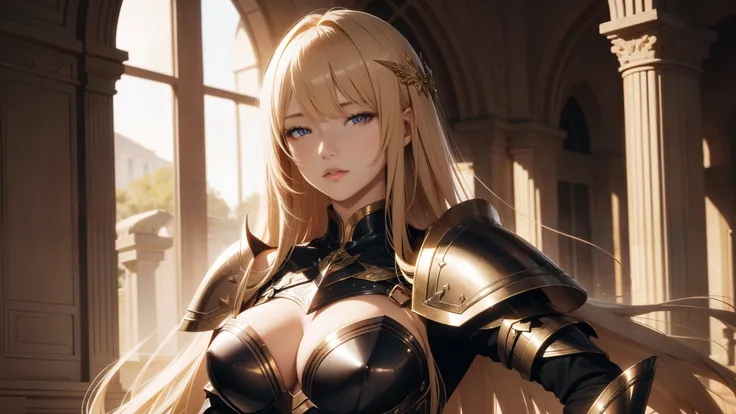 wallpaper of elegant knight woman, long hair, [brown] blonde hair, bangs hair, leather armor, cleavage, high detailed brown eyes