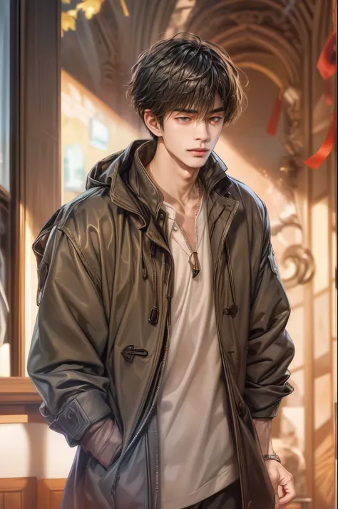 (absurdres, highres, ultra detailed, HDR), masterpiece, best quality, Netflix series Singles Inferno character, handsome young boy, short hair, korean handsome face, anime eyes, detailed scenery of a private resort, detailed character