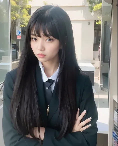 there is a woman long hair wearing a suit and tie, Urzan, she has black hair，Have bangs, long hair, 齐刘海long hair, Have bangs的深色long hair, Hair with bangs, Long black hair with bangs, ilya kuvshinov long hair, long hair and piercing eyes, Straight black hai...