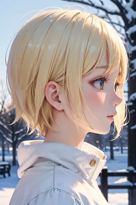 close up of face、blonde、short hair、girl１、profile、winter、snow、