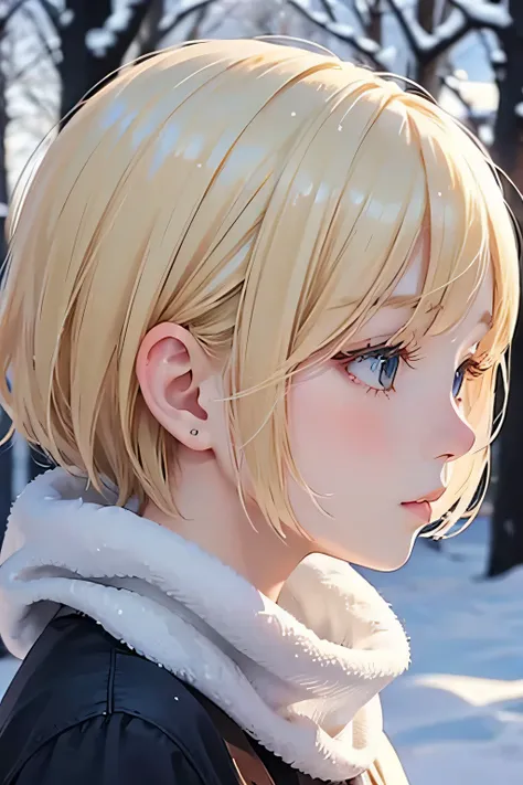 close up of face、blonde、short hair、girl１、profile、winter、snow、