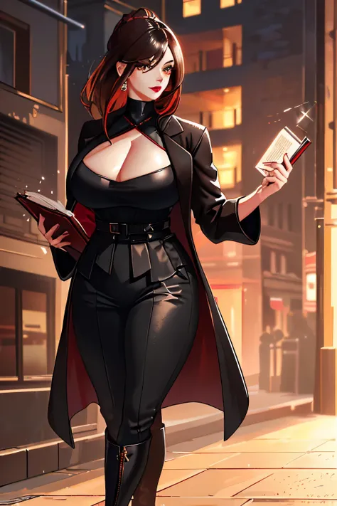 (masterpiece) A woman, dressed in a (top made of black and red leather, black leggings, and a pleated long coat with a high heeled boot), holds a book in one hand and a glass of wine in the other. Her (black hair tied up high, voluptuous figure, striking b...