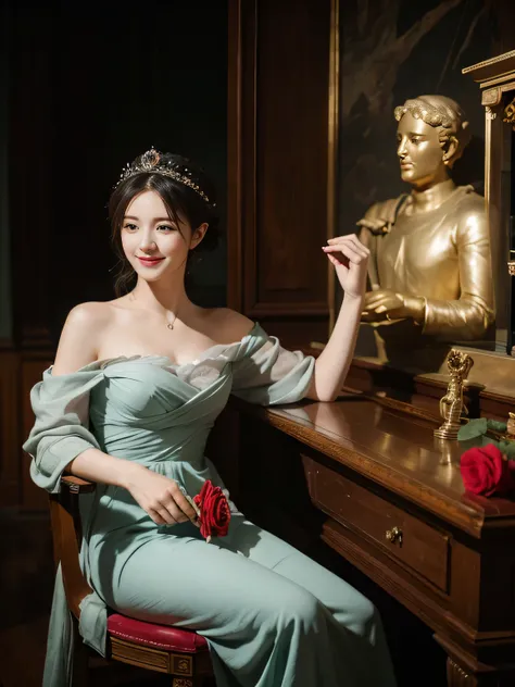 jack＝Louis David&#39;s painting style,Discussion between two female philosophers,math、astronomical machine、astronaut、roses in vase、fruit、Cute trinkets、smile、ancient greek costume、The background is a forest lake at night 、Clothes that stretch your shoulders...