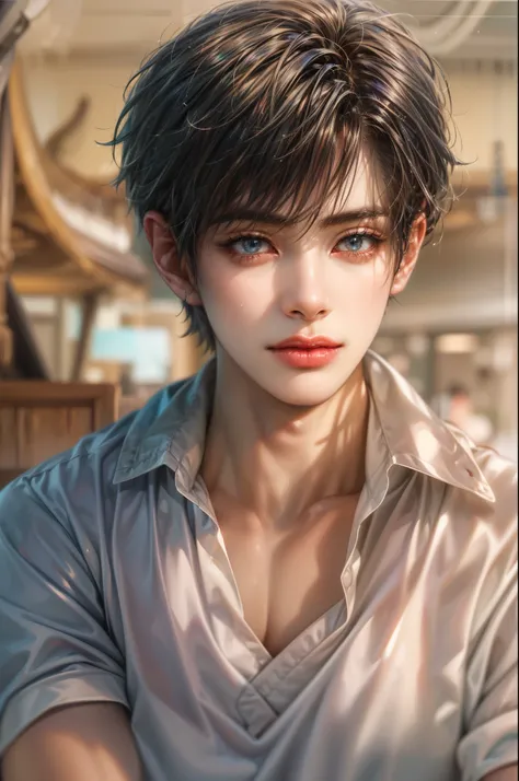 (absurdres, highres, ultra detailed, HDR), masterpiece, best quality, Netflix series Singles Inferno character, handsome young boy, short hair, korean handsome face, anime eyes, detailed scenery of a private resort, detailed character