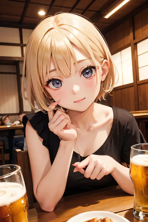 close up of face、blonde、short hair、girl１、Izakaya、Beer  、cheeks are red