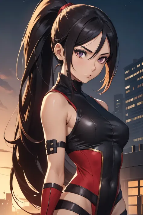 1 kunoichi, fair skin, long dark hair, ponytail, brown eyes, ((detailed eyes:1.2)), medium breasts, wearing superhero costume, sexy, sensual, open back, sleeveless, masterpiece, top quality, best quality, official art, beautiful and aesthetic:1.2), extreme...