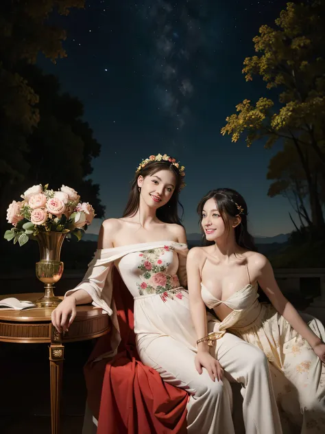 jack＝Louis David&#39;s painting style,Discussion between two female philosophers,math、astronomical machine、astronaut、roses in vase、fruit、Cute trinkets、smile、ancient greek costume、The background is a forest lake at night 、Clothes that stretch your shoulders...