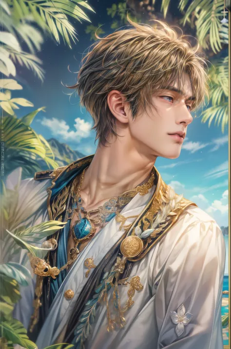 (absurdres, highres, ultra detailed, HDR), masterpiece, Intricate details,best quality picture of a character from Genshin Impact, manly face handsome teen boy with short Hair anime eyes, intricate details on face, brave look, in a detailed outside paradis...