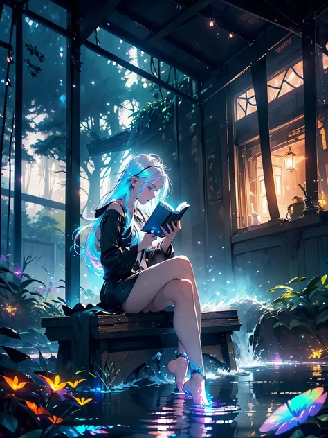 a girl in profile, sitting, legs crossed, white hair, long sideburns, white hair, bluish eyes, (((bare feet in the water, reading a book with black pages, luminous letters coming out of the book))), in a black forest and dark with neon flowers and fireflie...