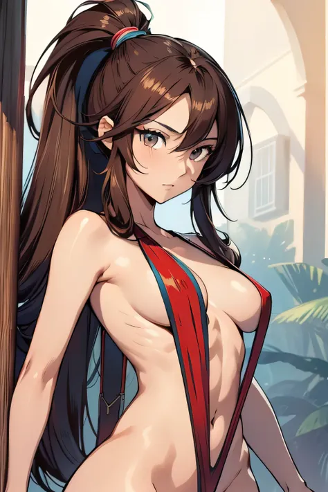 1 beautiful woman, fair skin, long dark hair, ponytail, brown eyes, ((detailed eyes:1.2)), medium breasts, wearing slingshot bikini, sexy, sensual, masterpiece, top quality, best quality, official art, beautiful and aesthetic:1.2), extreme detailed, colorf...