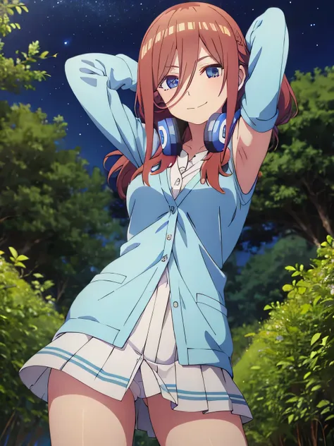 solo, 1girl, looking at viewer, 2D, anime, anime coloring, high quality, closed mouth, solo, cowboy shot, night sky, forest, arms behind head, contrapposto, shy smile, spread armpits, miku nakano, cardigan, headphones around neck, looking at viewer, smile