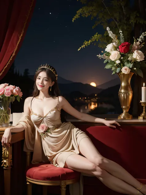 Jacques-Louis David painting style,Arguments of two female Philosophe,math、astronomical machine、astronaut、roses in vase、fruits、Cute trinkets、smile、ancient greek costume、Background is a forest lake at night 、Clothes that stretch your shoulders、A big smile、b...