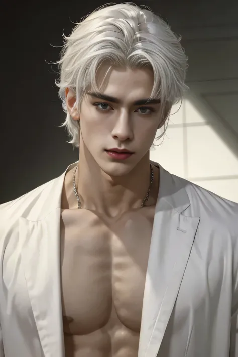 masterpiece, best quality, handsome 25 year old, fair skin male, white hair, perfect face, chest abs, masculine, black clothes, 