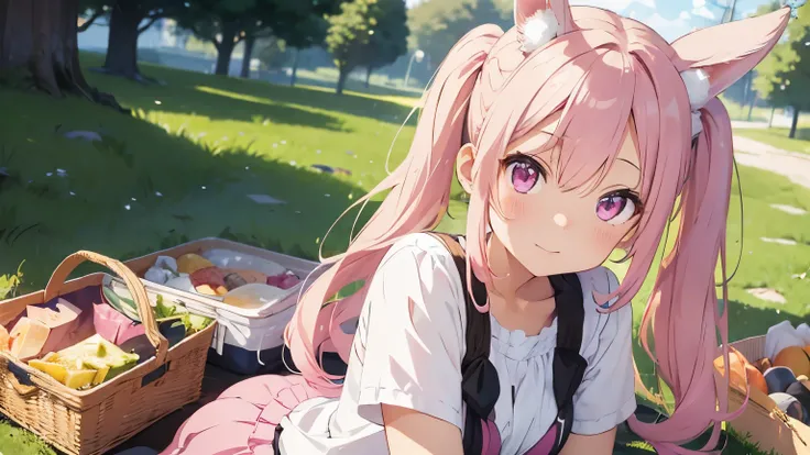 beautiful illustrations, highest quality, pretty girl, pastel colour, fluffy rabbit ears, pink long hair, light pink eyes,twin tails,picnic,eat lunch