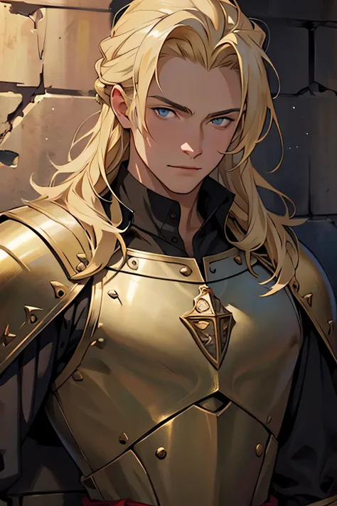 ((best quality)), ((masterpiece)), (detailed), perfect face, young man, male, medieval knight, medium length blonde hair, background is a stony dungeon