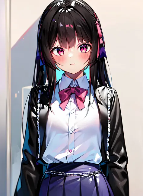 Chica anime con cabello largo y negro con camisa blanca y falda azul., anime visual de una linda chica, hermosa chica de secundaria anime, a hyper realistic , hecho con estudio de pintor anime, por Jin Homura, anime moe art style, arte cg anime suave, hype...