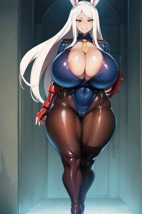 High resolution, my hero academia, miruko, bunny ears, 1girl, ((bimbo))), long white hair, red eyes, erotic smile face, sexy face, blushing, puffy lips, painted lips, thick lips, wide hips, thick thighs, enormous Natural breasts, shiny skin, oily skin, tal...