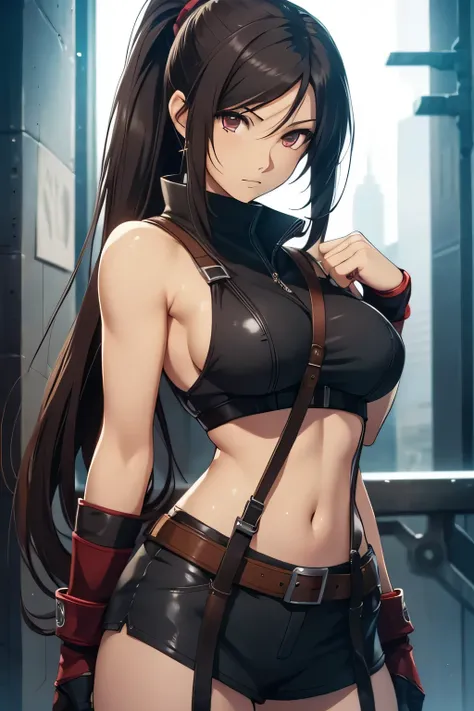 tifa lockhart, final fantasy, fair skin, long dark hair, ponytail, brown eyes, ((detailed eyes:1.2)), medium breasts, wearing kunoichi suit, sexy, sensual, sleeveless, sideboob, underboob, masterpiece, top quality, best quality, official art, beautiful and...