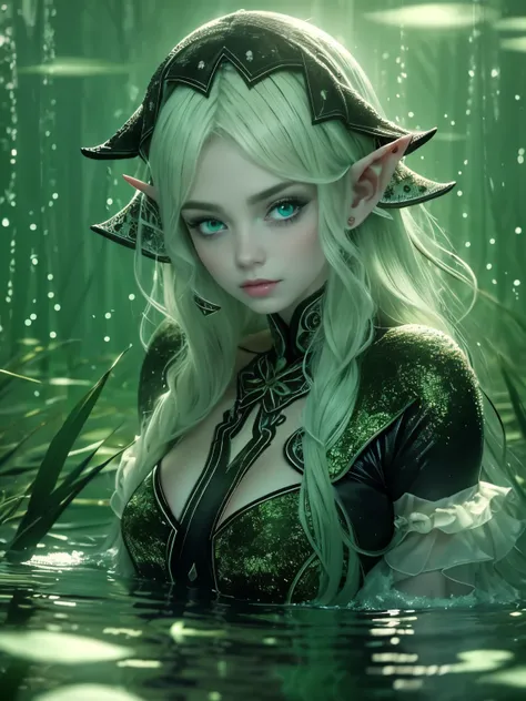 ultra realistic and detailed photography of a beautiful elf with white skin and green hair swimming in a lake of water in a dark...