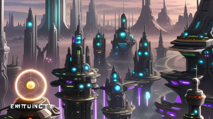 futuristic city with a clock tower and a clock tower in the middle, in fantasy science fiction city, an alien city, alien city, grande e estruturada cidade de Valhalla, ancient science fiction city, futuristic alien city, science fiction city, enorme cidad...