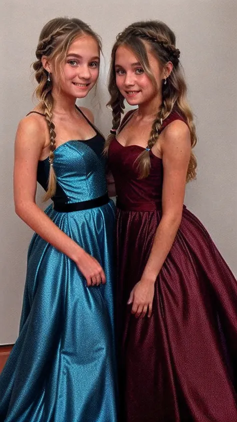 two tween girls wearing formal prom dresses with braided hair