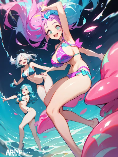 highest quality、High resolution、detailed background、beautiful woman in her 20s、(three women)、under the deep sea、cute hairstyle、big breasts、big breasts、Large acyclo bikini with flashy patterns and flashy colors、smile、emphasize the buttocks、Please show me yo...