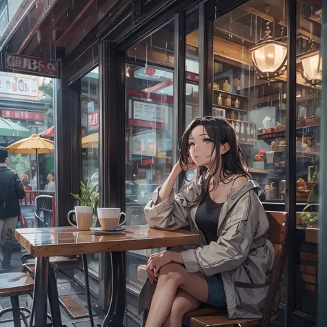 woman、Relaxing inside a cafe、It&#39;s raining outside the store