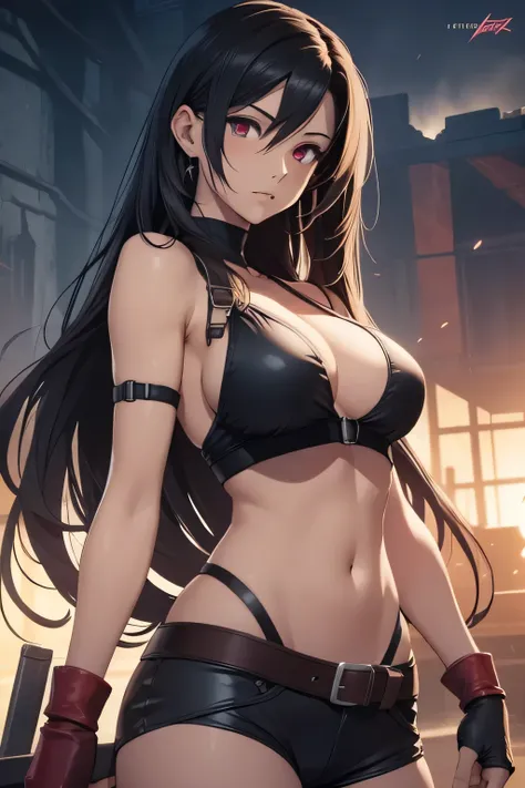 tifa lockhart, final fantasy, fair skin, long dark hair, red eyes, ((detailed eyes:1.2)), large breasts, wearing bikini, sexy, sensual, sleeveless, sideboob, underboob, masterpiece, top quality, best quality, official art, beautiful and aesthetic:1.2), ext...