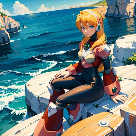 alia_megamanx, 1girl, solo, breasts, blue eyes, blonde hair, android, long hair, robot ears, overlooking the ocean on the edge o...