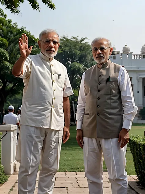 Indoan prime minister Narendra Modi and Mahatma Gandhi, the father of india standing side by side. They weared indian traditional dress. Greeting people from their hands. Indian national flag flying behind them.