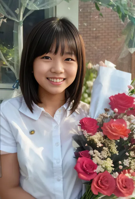 smiling girl holding a bouquet of flowers in front of a window, with flowers, young asian girl, girl wearing uniform, with a beautifull smile, photo taken with nikon d750, photo taken with nikon d 7 5 0, holding flowers, girl with a flower face, aged 13, p...