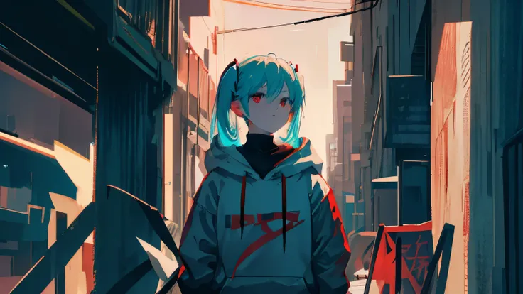 , red eyes, dead eyes, wearing a hoodie, pants, sad, pushed down, dark circles under the eyes, Side view, upper body only, rolled up, masterpiece, at night, dim room, very detailed, super sharp, 8k　Hatsune Miku