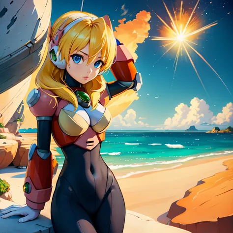 alia_megamanx, 1girl, solo, breasts, blue eyes, blonde hair, android, long hair, robot ears, overlooking the ocean on the edge of a rock, in the style of avian-themed, realistic yet stylized, villagecore, azure, orange and azure, dragoncore, aerial view