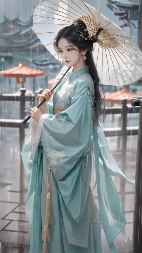 yue xiaofei style fashion event，woman with oil-paper umbrella on her shoulder to protect herself from the rain, light jade, ethe...