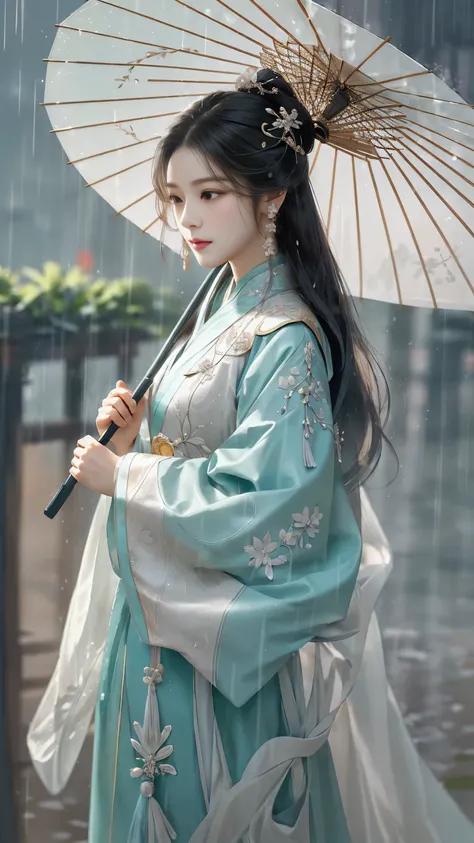 Yue Xiaofei style fashion event，Woman holding an oil-paper umbrella on her shoulders to protect herself from the rain, light jade, Ethereal dreams, Tang Youhong, elegant, detailed design, dansaekhwa paper umbrella Hanfu holding umbrella when it rains,(Comp...