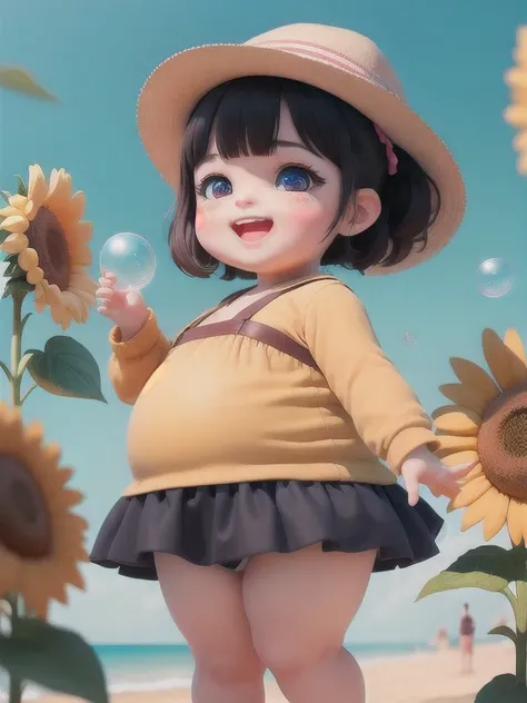 (masterpiece),(best quality),(super detailed), (whole body:1.2),
1 fat girl fat man，charming, Smile, open mouth,
flower, beach, , blowing bubbles，Mage Clothing, blush, tree, :3, shirt, short hair, sunflower, have, vague, black hair, long sleeves, Bangs,pon...