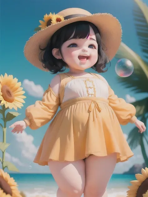 (masterpiece),(best quality),(super detailed), (whole body:1.2),
1 fat girl fat man，charming, Smile, open mouth,
flower, beach, , blowing bubbles，Mage Clothing, blush, tree, :3, shirt, short hair, sunflower, have, vague, black hair, long sleeves, Bangs,pon...