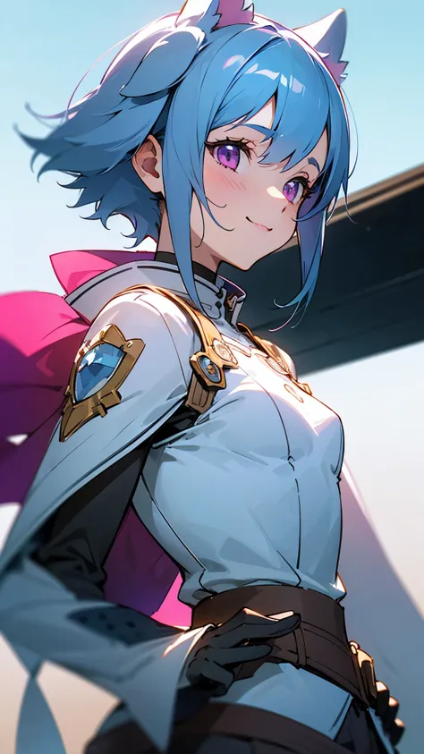 detailed、1 character、pastel washed out colors、cell shade、Soft and calm colors、gentle color、Blue archive art style、Sword Art Online and wearing futuristic style clothes、Beautiful woman、small breasts、light blue hair、dog ears、pink eyes、From the side、gloves、br...