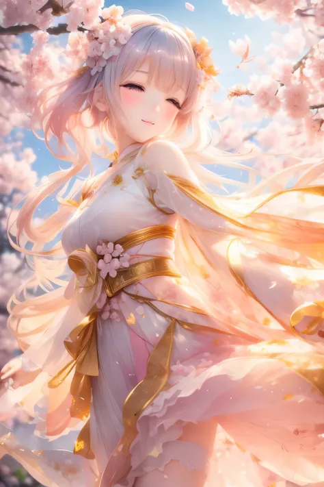 best quality, 32k, RAW photo, an innocent and beautiful sakura maiden, an innocent and beautiful girl like a cherry blossom, translucent and fluttery pastel colored hagoromo dress, sensual expression, mysterious, incredibly absurdres, extremely detailed, d...