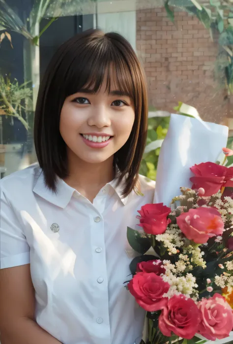 high angle kodachrome photo of a short office girl standing in a bright office near panaramic window, wearing white blouse andblack pants, top button opened, super thick highlighted hair, big round eyes, drammatic makup, arrogant look, arched back, French ...