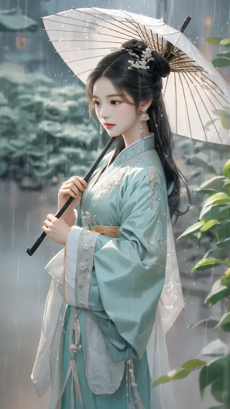 Yue Xiaofei style fashion event，Woman holding an oil-paper umbrella on her shoulders to protect herself from the rain, light jade, Ethereal dreams, Tang Youhong, elegant, detailed design, dansaekhwa paper umbrella Hanfu holding umbrella when it rains,(Comp...