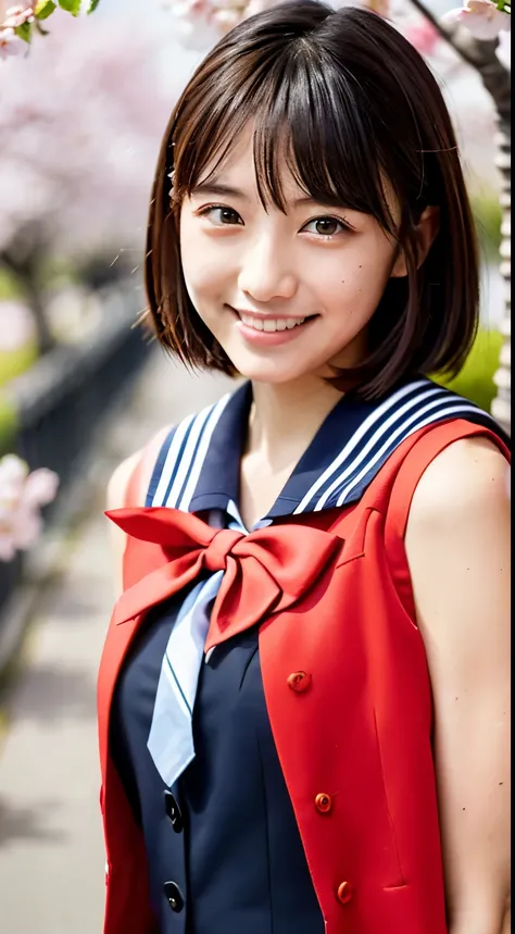 (((beautiful japanese high school girl))) 、1 person、short hair、(((At the cherry blossom trees in bloom)))、doing a sexy pose、(((A revealing sleeveless red sailor suit)))、(((Glamour)))、((smile))、photorealistic、With a clearer image、beautiful detailed eyes、hyp...