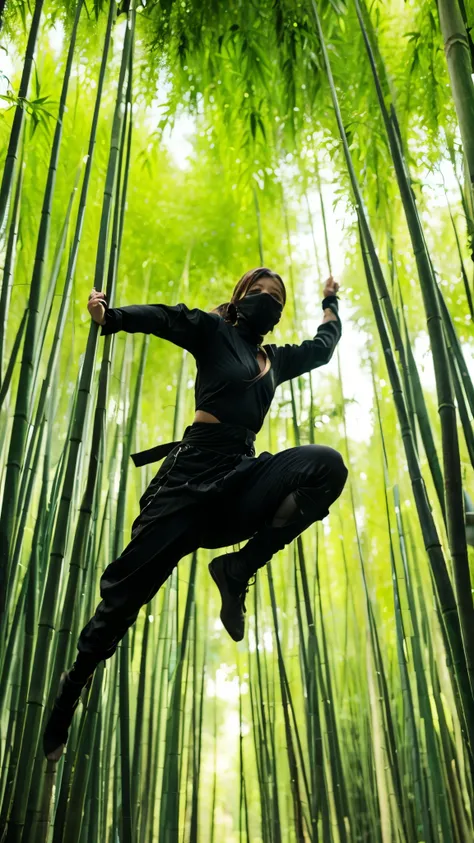 in a bamboo forest, a female ninja jumping down from the top of the tree, she wear a black body-hugging outfit, detailed texture...