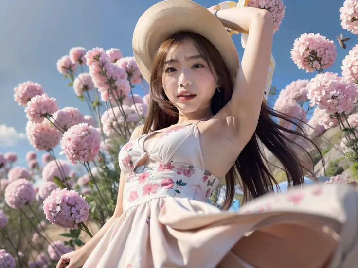 A girl have flowers, Colorful balloons floating in the sky, grassland, dance, have flowers, Hilarious, happiness, perfect quality, clear focus (cluttered house: 0,8), (masterpiece: 1,2) (actual: 1,2) (Bokeh) ( highest quality) (skin details: 1.3) (intricat...